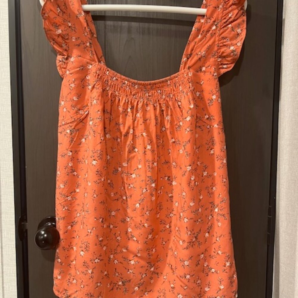 Women's Coral Floral Tank Top Size Medium Ruffle Sleeves